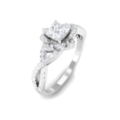 Natural Princess Cut Diamond Flower Engagement Ring with Crossover Shank