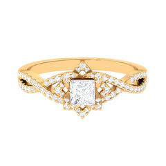 Natural Princess Cut Diamond Flower Engagement Ring with Crossover Shank
