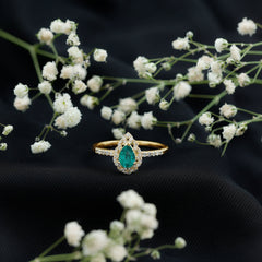 Pear Shaped Emerald Nature Engagement Ring with Diamond