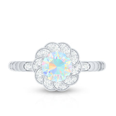 Vintage Looking Ethiopian Opal Flower Engagement Ring with Diamond