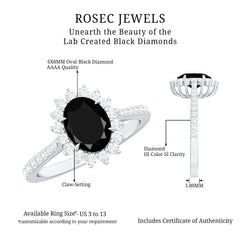Oval Cut Lab Grown Black Diamond and Diamond Halo Engagement Ring