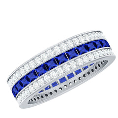Certified Lab Grown Blue Sapphire 3 Row Wedding Band