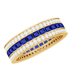 Certified Lab Grown Blue Sapphire 3 Row Wedding Band