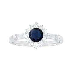 Round Blue Sapphire Classic Halo Engagement Ring with Diamond