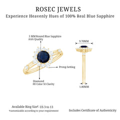 Round Blue Sapphire Classic Halo Engagement Ring with Diamond