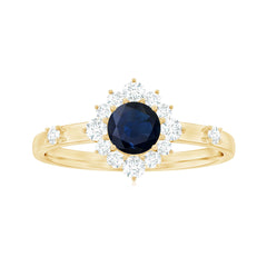 Round Blue Sapphire Classic Halo Engagement Ring with Diamond