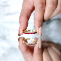 Baguette Cut Lab Grown Ruby Milgrain Band Ring