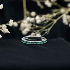 Baguette Cut Lab Grown Emerald Eternity Ring with Beaded Detailing