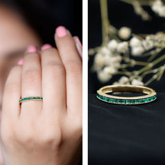 Baguette Cut Lab Grown Emerald Eternity Ring with Beaded Detailing