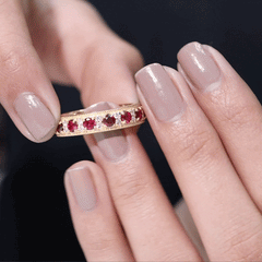 Round Cut Created Ruby and Moissanite Wedding Band with Twisted Rope Details