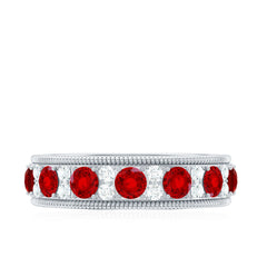 Round Cut Created Ruby and Moissanite Wedding Band with Twisted Rope Details