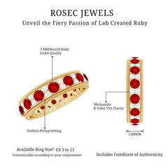 Round Cut Created Ruby and Moissanite Wedding Band with Twisted Rope Details