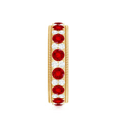 Round Cut Created Ruby and Moissanite Wedding Band with Twisted Rope Details