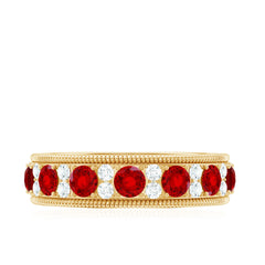 Round Cut Created Ruby and Moissanite Wedding Band with Twisted Rope Details
