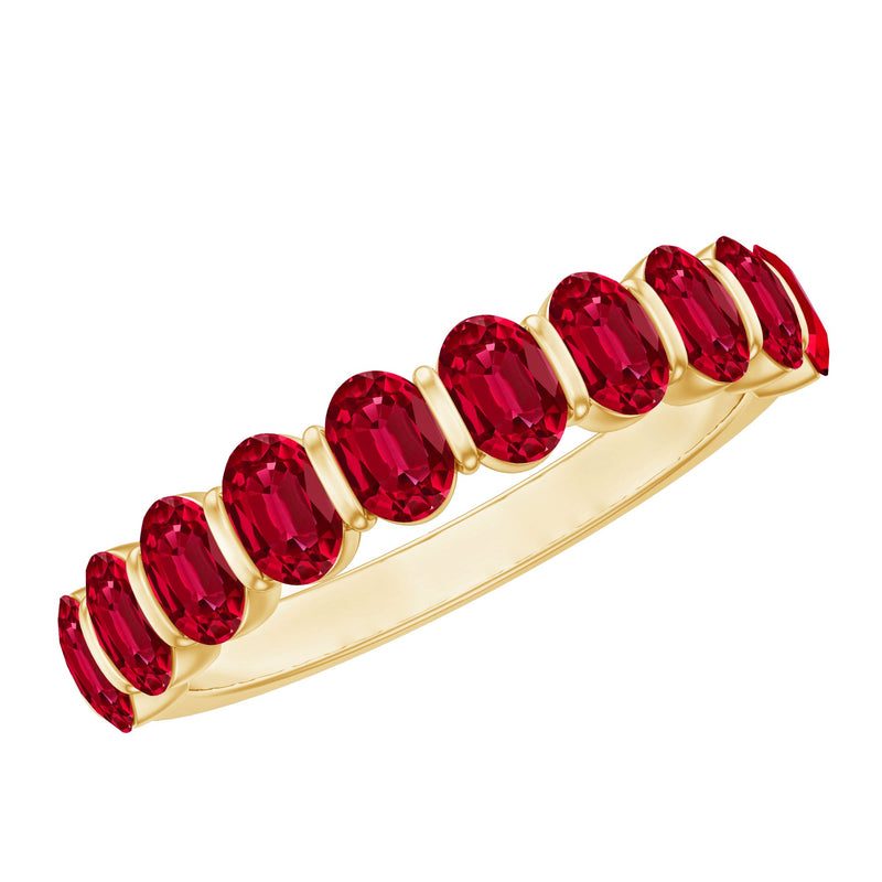 Oval Cut Created Ruby Half Eternity Ring in Bar Setting