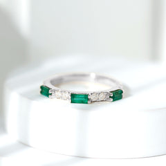 Stackable Green Emerald and Diamond Ring in Prong Setting