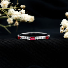 3/4 CT Baguette Cut Lab Grown Ruby Stackable Ring with Diamond