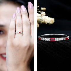 3/4 CT Baguette Cut Lab Grown Ruby Stackable Ring with Diamond
