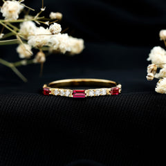 3/4 CT Baguette Cut Lab Grown Ruby Stackable Ring with Diamond