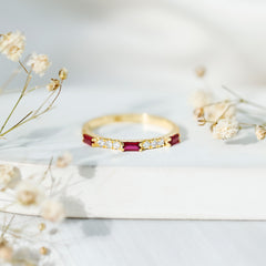3/4 CT Baguette Cut Lab Grown Ruby Stackable Ring with Diamond
