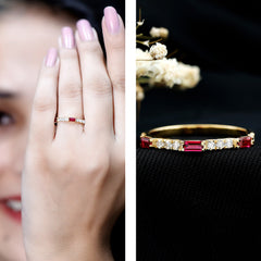 3/4 CT Baguette Cut Lab Grown Ruby Stackable Ring with Diamond