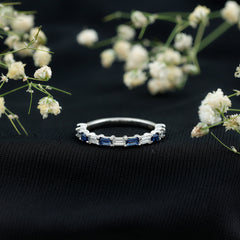 Lab Grown Blue Sapphire Baguette Eternity Ring with Moissanite