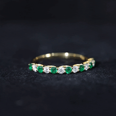 Trellis Set Round Emerald and Moissanite Half Eternity Ring