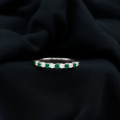 Trellis Set Round Emerald and Moissanite Half Eternity Ring