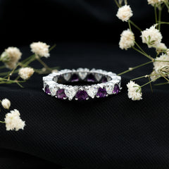 Heart Shape Purple Amethyst and Moissanite Eternity Ring in Claw Setting