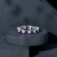 Heart Shape Purple Amethyst and Moissanite Eternity Ring in Claw Setting
