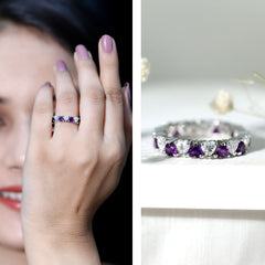 Heart Shape Purple Amethyst and Moissanite Eternity Ring in Claw Setting