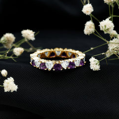 Heart Shape Purple Amethyst and Moissanite Eternity Ring in Claw Setting