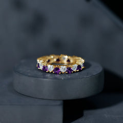 Heart Shape Purple Amethyst and Moissanite Eternity Ring in Claw Setting