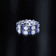 Certified Lab Blue Sapphire and Moissanite Round Eternity Band Ring