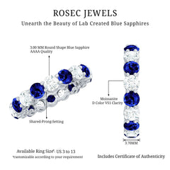 Certified Lab Blue Sapphire and Moissanite Round Eternity Band Ring