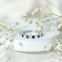 Certified Lab Blue Sapphire and Moissanite Round Eternity Band Ring
