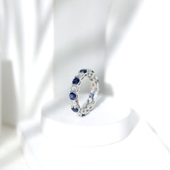 Certified Lab Blue Sapphire and Moissanite Round Eternity Band Ring