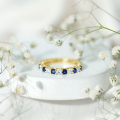 Certified Lab Blue Sapphire and Moissanite Round Eternity Band Ring