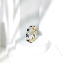 Certified Lab Blue Sapphire and Moissanite Round Eternity Band Ring