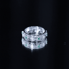 Lab Emerald and Moissanite Vintage Wedding Band Ring