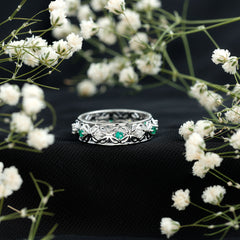 Lab Emerald and Moissanite Vintage Wedding Band Ring