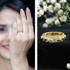 Lab Emerald and Moissanite Vintage Wedding Band Ring