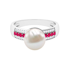 Solitaire Freshwater Pearl Engagement Ring with Moissanite and Ruby Side Stones