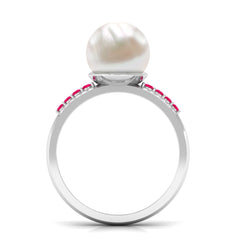 Solitaire Freshwater Pearl Engagement Ring with Moissanite and Ruby Side Stones