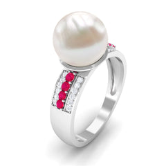 Solitaire Freshwater Pearl Engagement Ring with Moissanite and Ruby Side Stones