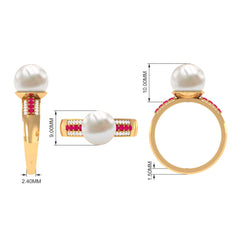 Solitaire Freshwater Pearl Engagement Ring with Moissanite and Ruby Side Stones