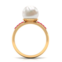 Solitaire Freshwater Pearl Engagement Ring with Moissanite and Ruby Side Stones