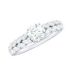 Round Shape Moissanite Engagement Ring with Marquise Side Stones