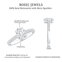 Certified 6X8 MM Moissanite Oval Engagement Ring With Side Stones