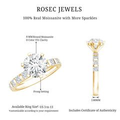 Round Cut 2 CT Moissanite Solitaire Engagement Ring with Side Stones